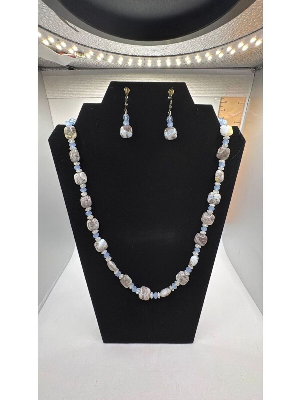 Oregon Opal Arizona Moonstone Blue Swarovski Bead Necklace 22in Earring Set